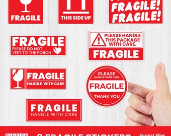 8 kwetsbare stickers voor verpakking, kwetsbare sticker png, verpakkingssticker voor kleine bedrijven png, voorzichtig omgaan met stickers, direct downloaden