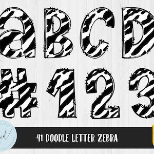 Letras de garabato png, sublimación del alfabeto Doodle, Letras manuscritas, Alfabeto de relleno de patrón de cebra, Letras y números