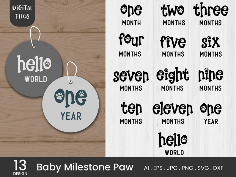 13 set Baby Milestone Paw SVG, Hello World svg, Baby Milestone svg, Clipart Digital Download DXF, svg, eps, png image 1