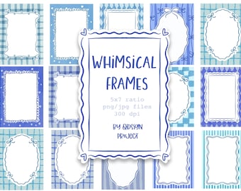 Clipart lunatique cadre bleu, bordure dessinée à la main PNG pour faire-part de mariage, carte d'anniversaire, cadre à carreaux Vichy