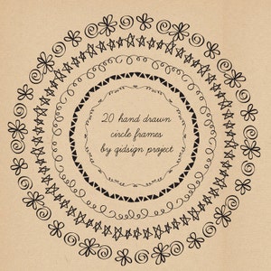 May include: A set of 20 hand-drawn circle frames in black ink on a brown paper background. The frames are made up of different patterns, including stars, swirls, and flowers.