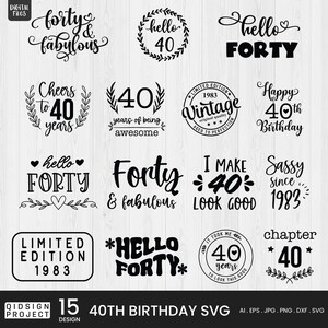 Puede incluir: Una colección de 15 diseños SVG en blanco y negro para el 40 cumpleaños. Los diseños incluyen frases como "Forty & Fabulous", "Hello 40" y "Happy 40th Birthday". Adecuado para proyectos digitales.