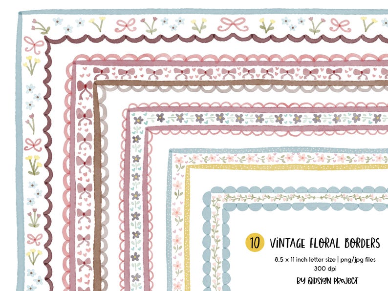 May include: A collection of ten vintage floral borders in various pastel colors, including pink, blue, and yellow. The borders feature bows, flowers, and scalloped edges. The image includes the text "10 Vintage Floral Borders" and size details: 8.5 x 11 inch letter size.