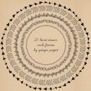 May include: A set of 20 hand-drawn circle frames with different patterns, including arrows, lines, and swirls. The frames are black on a beige background. "20 hand drawn circle frames by qidsign project" is written in the center.