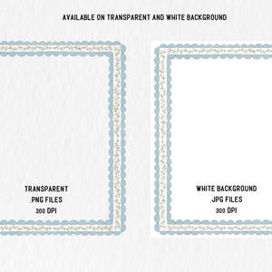 May include: Two digital frames with a light blue scalloped border and a beige floral design. The text "AVAILABLE ON TRANSPARENT AND WHITE BACKGROUND" is at the top. The left frame says "TRANSPARENT .PNG FILES 300 DPI". The right frame says "WHITE BACKGROUND .JPG FILES 300 DPI".