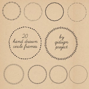 May include: Twenty hand-drawn circle frames in black on a beige background. The text "20 hand drawn circle frames by gidsign project" is in the center of the image.