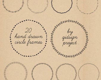 20 hand drawn circle frames  doodle round borders  digital frames clipart personal and commercial use instant download