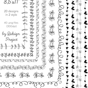 May include: A set of 20 black and white doodle border designs in two styles. The designs include stars, swirls, flowers, hearts, and arrows. The borders are 8.5 inches by 11 inches.