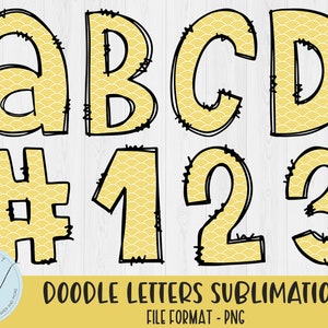 Letras de garabato png, sublimación del alfabeto Doodle, Letras manuscritas, Alfabeto de relleno de patrón amarillo, Letras y números