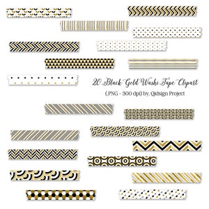 20 digitale Washi Tape wit op zwart en goud Washi Tape Clipart Scrapbooking Stickers
