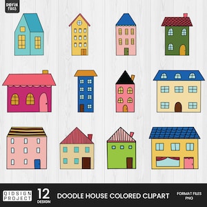 12 Doodle House Colored Clipart, House vector Art, Hand Drawn Houses, doodles, Cute Houses, Instant Download