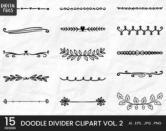 Doodle Divider Clipart Vol. 2 With 15 Variations, scrapbooking, wedding invitation, Personal and Commercial Use Digital clipart