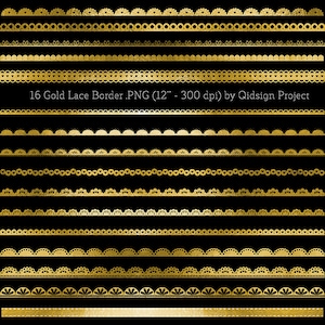 May include: Set of 16 gold lace borders, each 12 inches long and 300 dpi resolution. The borders are in various styles, including scalloped, wavy, and floral.