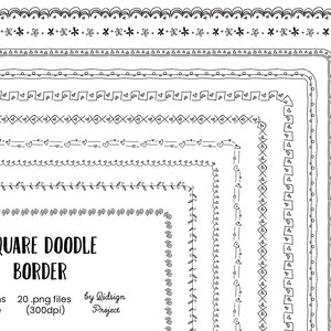 Könnte beinhalten: Schwarz-weiße quadratische Doodle-Bordüren-Designs. Das Bild zeigt verschiedene handgezeichnete Bordürenstile, darunter florale, herzförmige und geometrische Muster. Der Text auf dem Bild lautet "SQUARE DOODLE BORDER" und enthält Details zu den Designs.