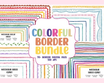 90 Colorful clipart digital borders and frames bundle, watercolor frames PNG page borders for teacher classroom, newsletter, school flyers