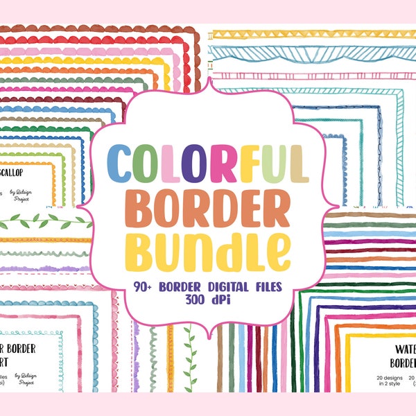 90 Colorful clipart digital borders and frames bundle, watercolor frames PNG page borders for teacher classroom, newsletter, school flyers