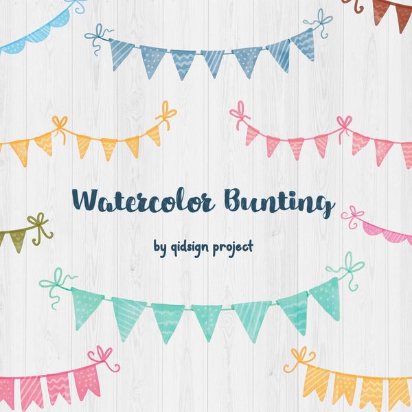 10 Watercolor Bunting, Watercolor Bunting Clipart, Watercolor Banners, Birthday Banner Clipart, Instant Download