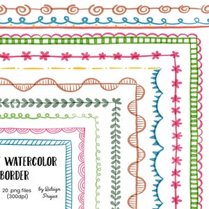 20 Doodle Watercolor Border, elementos decorativos, diario de borde de página, planificador de bordes de garabatos, tamaño carta de borde de página, clipart de maestro