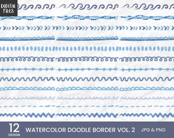 12 Watercolor Doodle Border Vol. 2, Doodle Line Border, Decorative Elements, Scrapbook Blog graphics personal and commercial use