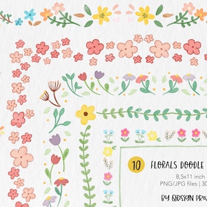May include: A digital collection of floral doodle borders featuring various hand-drawn flowers, leaves, and vines in pastel colors. The text reads 10 FLORALS DOODLE BORDER, 8.5x11 inch, PNG/JPG files | 300 dpi, BY QIDSIGN PROJECT.