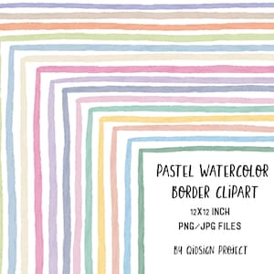 May include: Pastel watercolor border clipart with a variety of soft colors, including pink, blue, and yellow. The image includes the text "Pastel Watercolor Border Clipart" and the dimensions "12x12 inch".