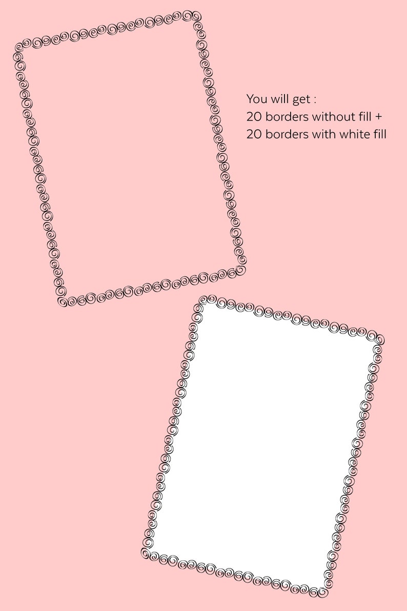 May include: Two decorative frames with a pink background. The frame on the left has a white background and the frame on the right has a white background. Both frames are made of a black swirl design.