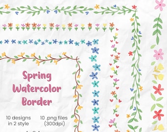 Puede incluir: Diseños de bordes en acuarela con flores y hojas coloridas en varios arreglos. La imagen incluye el texto "Spring Watercolor Border" e información sobre los diseños y especificaciones de los archivos.