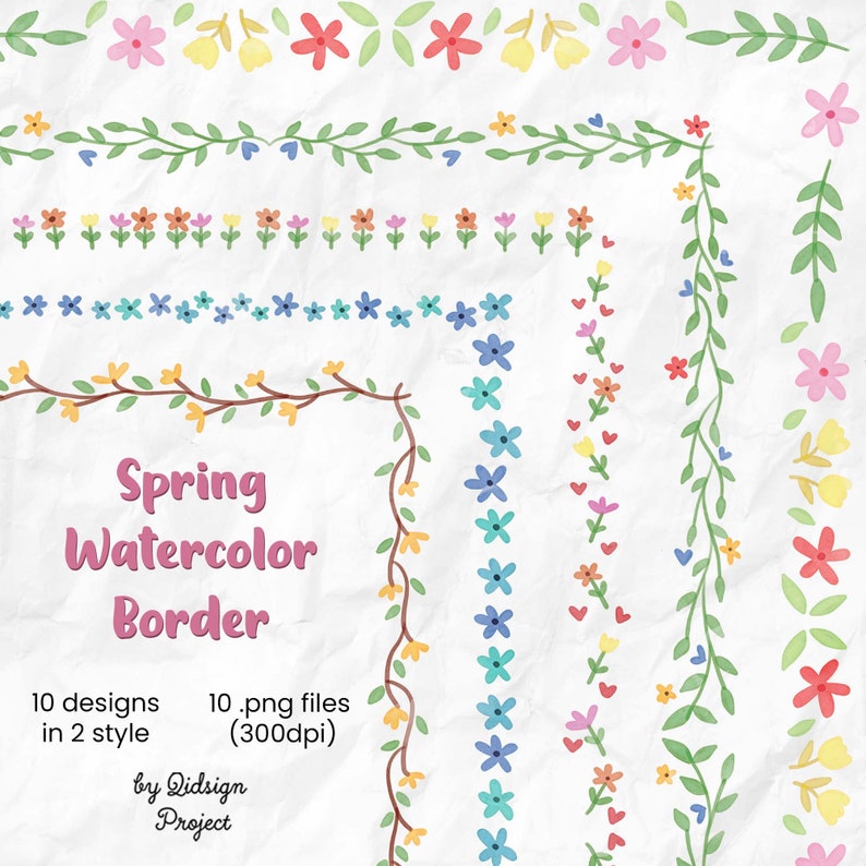 May include: Watercolor border designs featuring colorful flowers and leaves in various arrangements. The image includes the text "Spring Watercolor Border" and details about the designs and file specifications.