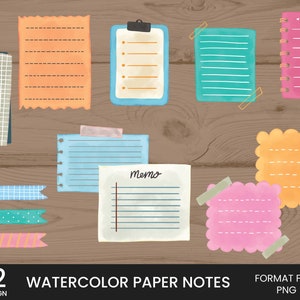 Peut inclure: Douze notes en papier aquarelle de différentes formes et tailles, y compris des options lignées, quadrillées et vierges. Certaines notes ont une étiquette mémo et quelques-unes ont des accents de ruban washi. Les notes sont sur un fond en bois.