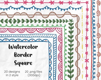 May include: A set of 20 watercolor border designs in two styles, perfect for adding a hand-drawn touch to your projects. The borders are in various colors, including blue, green, red, brown, and yellow.