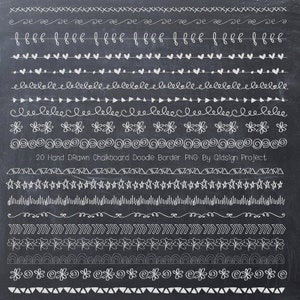 Könnte beinhalten: Ein Satz von 20 handgezeichneten Kreidetafel-Kritzel-Rändern in Weiß auf schwarzem Hintergrund. Die Ränder umfassen verschiedene Designs wie Sterne, Herzen, Wirbel und Pfeile.