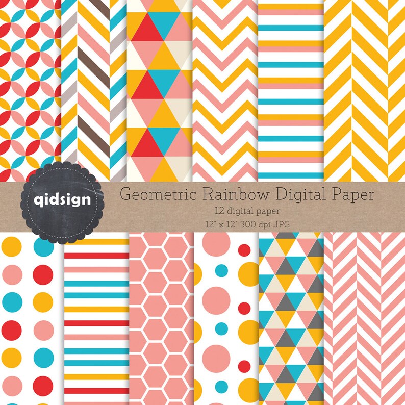 Rainbow Geometric Digital Paper Background Printable Paper Etsy