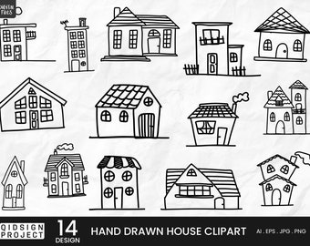 14 Handgezeichnete Haus Clipart, Haus Doodles, Haus Clipart, Haus Clipart, Handgezeichnete Clip Art, digitale Bilder mit transparentem Hintergrund