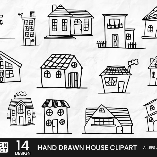 14 Hand Drawn House Clipart, House Doodles, House Clipart, Home Clipart, Hand Drawn Clip Art, digital images with transparent backgrounds