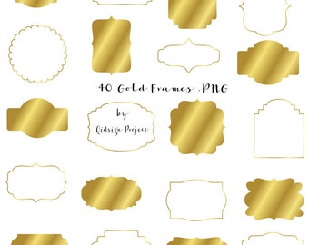 May include: A collection of various gold-colored frames in different shapes and sizes, featuring solid gold fills and thin gold outlines. The text 40 Gold Frames .PNG by Qidsign Project is centered among the assorted decorative labels.