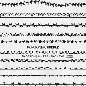 May include: Ten different black and white horizontal border designs. The designs include leaves, hearts, stars, wavy lines, swirls, and triangles.