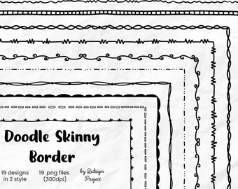 May include: A collection of 19 black and white doodle border designs in two styles. The image features various hand-drawn borders, including wavy lines, zigzags, and dotted patterns. The text "Doodle Skinny Border" is displayed prominently.
