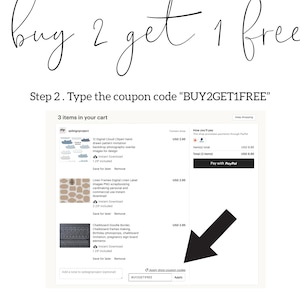 May include: Screenshot of an Etsy shop showing three digital products for sale. The products are 12 digital cloud clipart, linen frames digital linen labels, and chalkboard doodle borders. The shop is offering a buy two get one free sale with the coupon code BUY2GET1FREE.