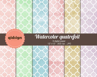 Watercolor Quatrefoil Digital Paper Scrapbooking paper photography background personal and commercial use instant download