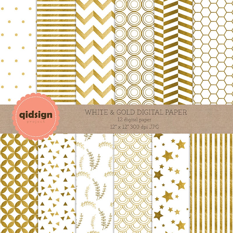 White Gold Digital Paper Chevron Stripes Dots Geometric Laurel ...