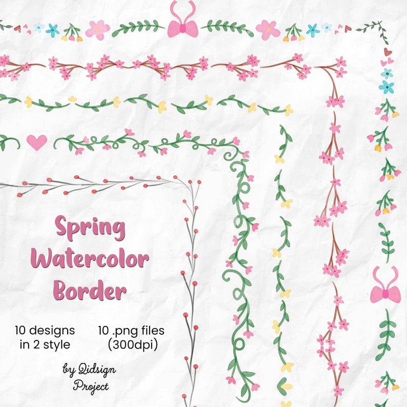May include: Watercolor border designs featuring floral and leaf patterns in pink, green, and yellow. The text "Spring Watercolor Border" is displayed, along with details about the designs and file type.