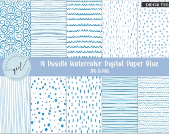 Könnte beinhalten: Eine Sammlung von zehn digitalen Aquarellpapieren in Blau- und Weißtönen. Die Muster umfassen Wirbel, Linien, Wellen, Punkte und Dreiecke. Der Text lautet "10 Doodle Watercolor Digital Paper Blue JPG & PNG".