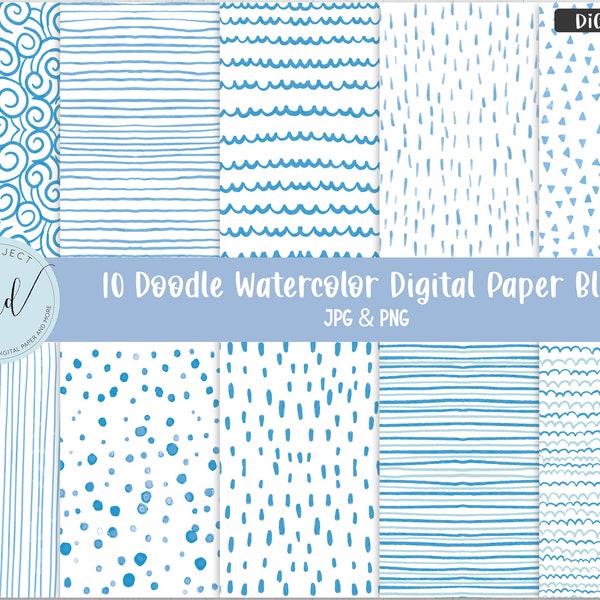 10 Doodle Watercolor Digital Paper Blue, Scrapbooking paper photography background personal and commercial use instant download