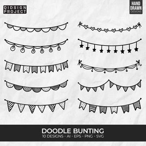 10 Doodle Bunting, Hand Drawn Bunting, Guirlande dessinée à la main, Bannières dessinées à la main clipart, Bannières vectorielles, clipart ruban, Téléchargement instantané