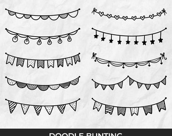 10 Doodle Bunting, Hand Drawn Bunting, Hand Drawn Garland, Hand Drawn Banners clipart, Vector banners, ribbon clipart, Instant Download