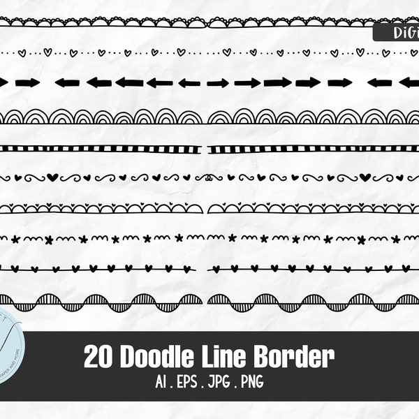 20 Doodle Line Border, Decorative Elements, Scrapbook embellish Invitation Chalkboard Blog graphics personal and commercial use