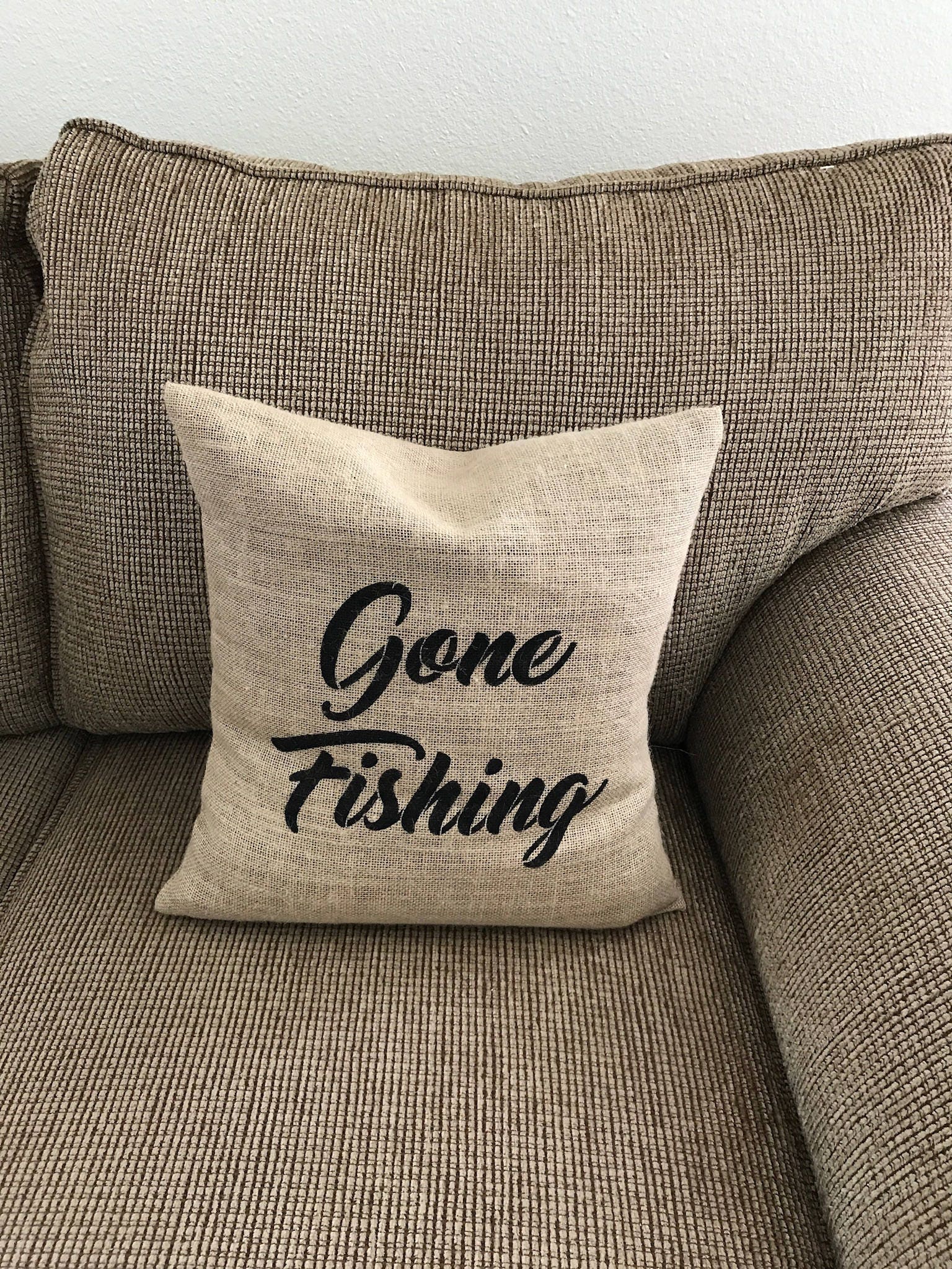 Burlap Pillow Cover Gone Fishing Pillow Cover Burlap ...