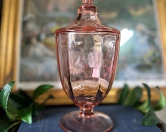 Pot d'apothicaire vintage en verre rose avec gravure florale