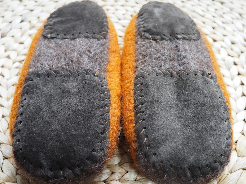 Brown suede slipper soles on handmade slippers