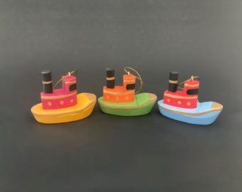 Set of 3 Tugboats Wooden Christmas ornaments